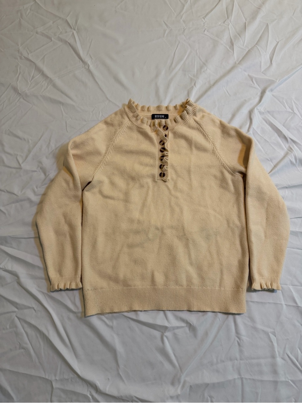 BTFBM Women’s Medium Cream Ruffle Henley Sweater Button Knit Cottagecore